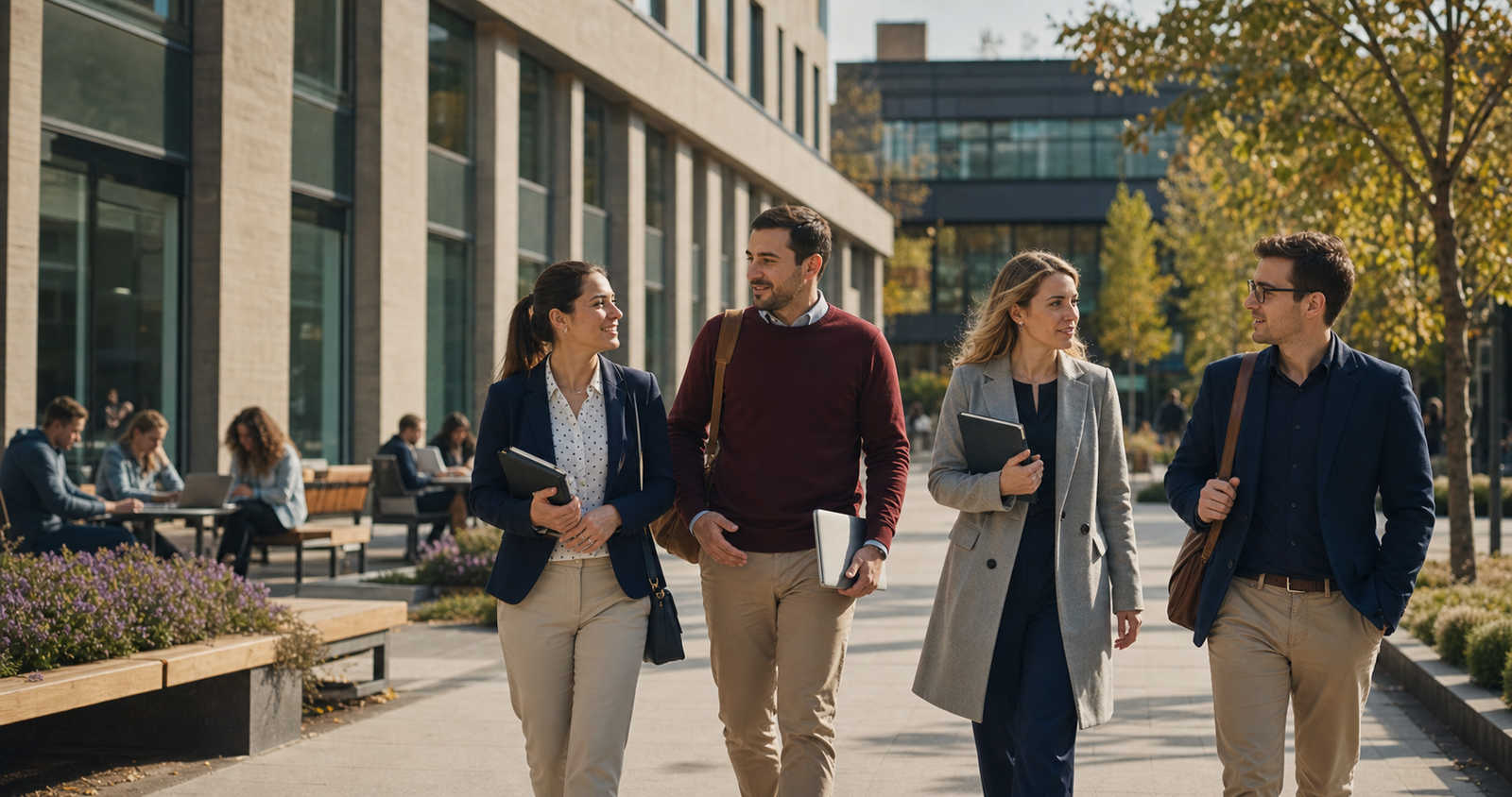 Adult learners walking through a modern UK campus